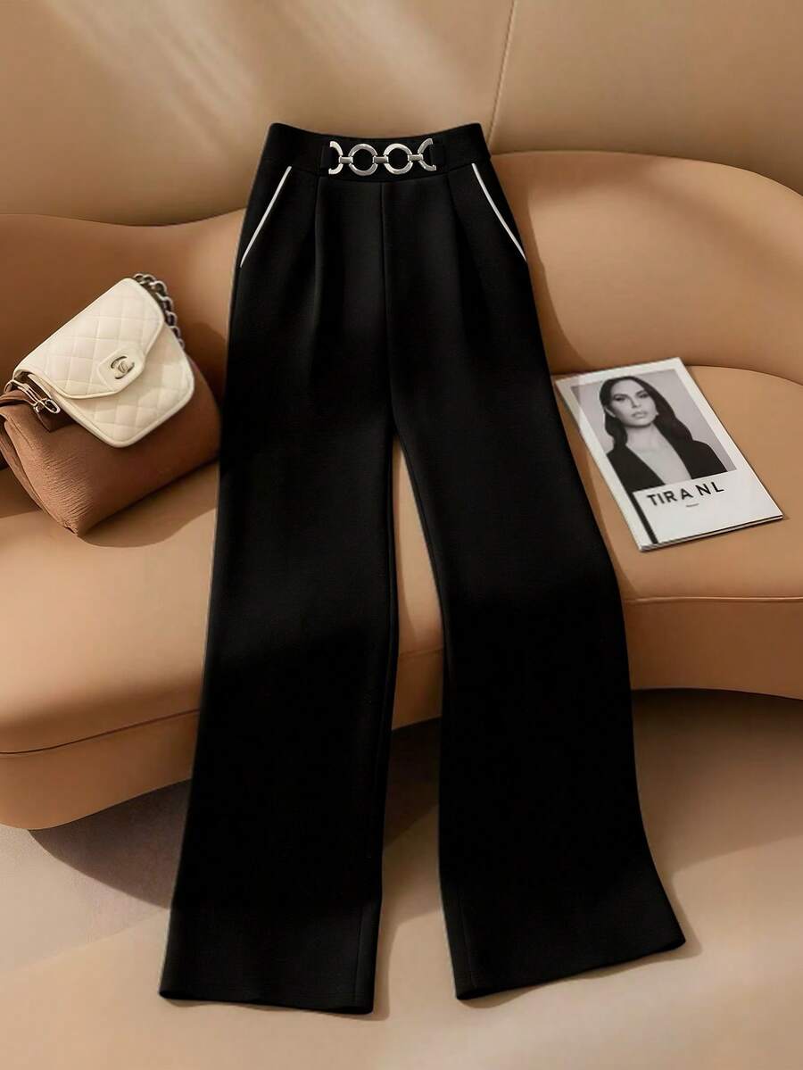 Franclia 女士黑色金属扣白色滚边休闲裤，适合外出、通勤、度假、约会和聚会。 - 黑色 - 查看 1