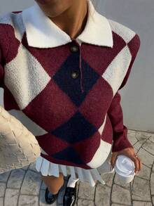 Chiquease Pull basique minimaliste à carreaux pour femmes, style coréen simple et mode. Pull boutonné pour femmes en automne/hiver - Multicolore - Voir 4