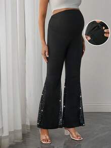 Momance 孕妇休闲时尚可调节高腰亮片网纱喇叭裤 - 黑色 - 查看 1