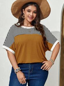 EMERY ROSE Áo thun tay cánh dơi kẻ sọc dành cho nữ cỡ lớn, thích hợp cho mùa xuân. - Màu vàng - Xem 5