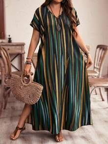 EMERY ROSE Plus Size Women's Black And Gold Striped Color Block Maxi Dress,Boho Summer Vacation Holiday Beach Long Dress,Spring Country Style Outfits Clothing - Fresh Green - View 1