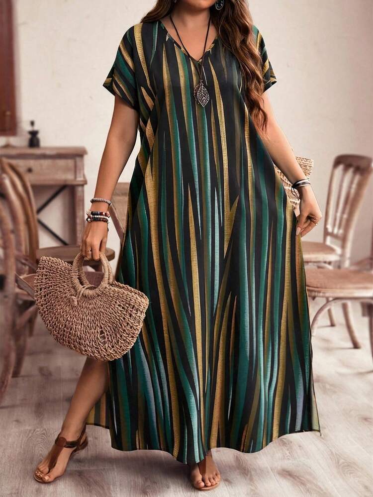 Plus Size Women's Striped Color Block Side Reflected Color Striped Maxi Long Beach Dress For Vacation  Summer Dress  Summer Outfits Summer Clothes Spring Dress Spring Outfit Women Spring Clothing Country Style For Women Country Dress For Women Stripe Dresses For Women Long Summer Dress Plus