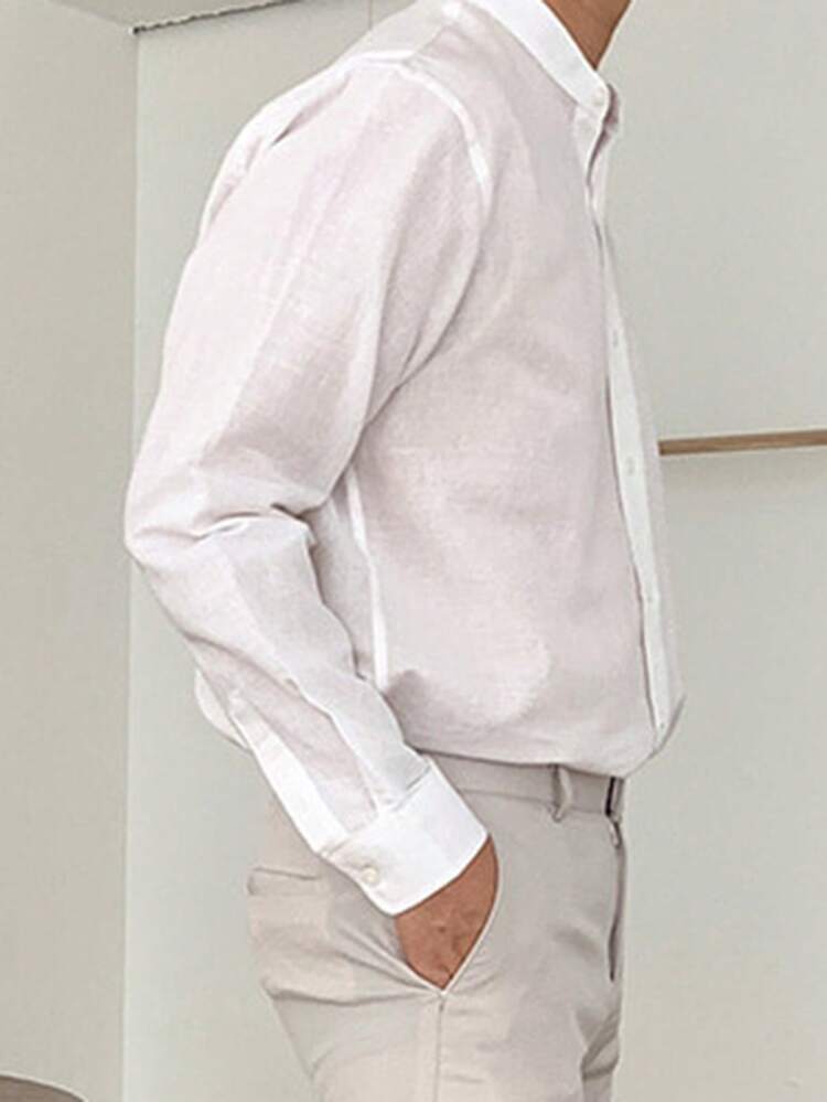 Men's White Long Sleeve Single-Breasted Pocket Casual Commuter Shirt, Spring/Summer