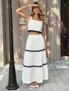 Pariaura Elegant Black And White Contrast Wave Ribbon Two Pieces Set,Square Neck Cami & Tiered Maxi Skirt,Summer Holiday Tea Party Chic Slim-Fit Vintage Set - White - View 4