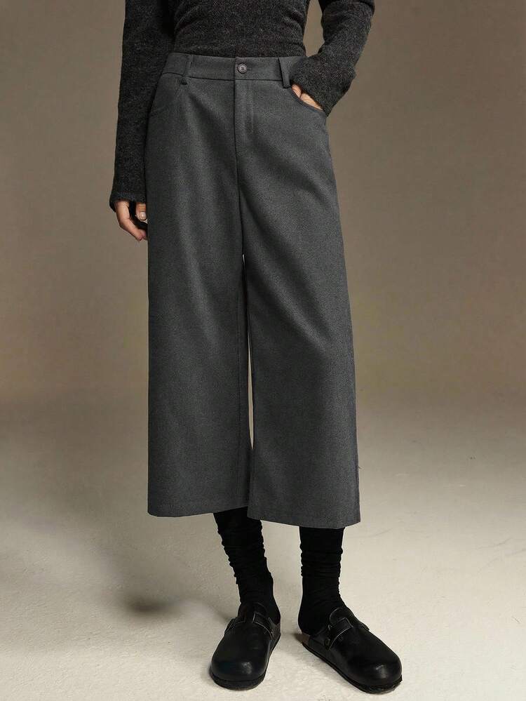 Women's Straight Leg Wool Blend Cropped Pants With Pockets, Suitable For Urban Commute, Business, Casual Wear, Office Attire, Elegant Style For Spring/Summer