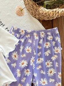 SHEIN LMoss Kids Bộ đồ mùa hè dễ thương cho bé gái: quần ống loe và áo tay ngắn dệt kim họa tiết hoa màu tím. - Màu tím - Xem 6