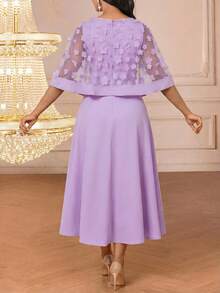 SHEIN Lady 2pcs Women's Elegant Party 3D Floral Mesh Shawl & Dress Set - Purple - View 2
