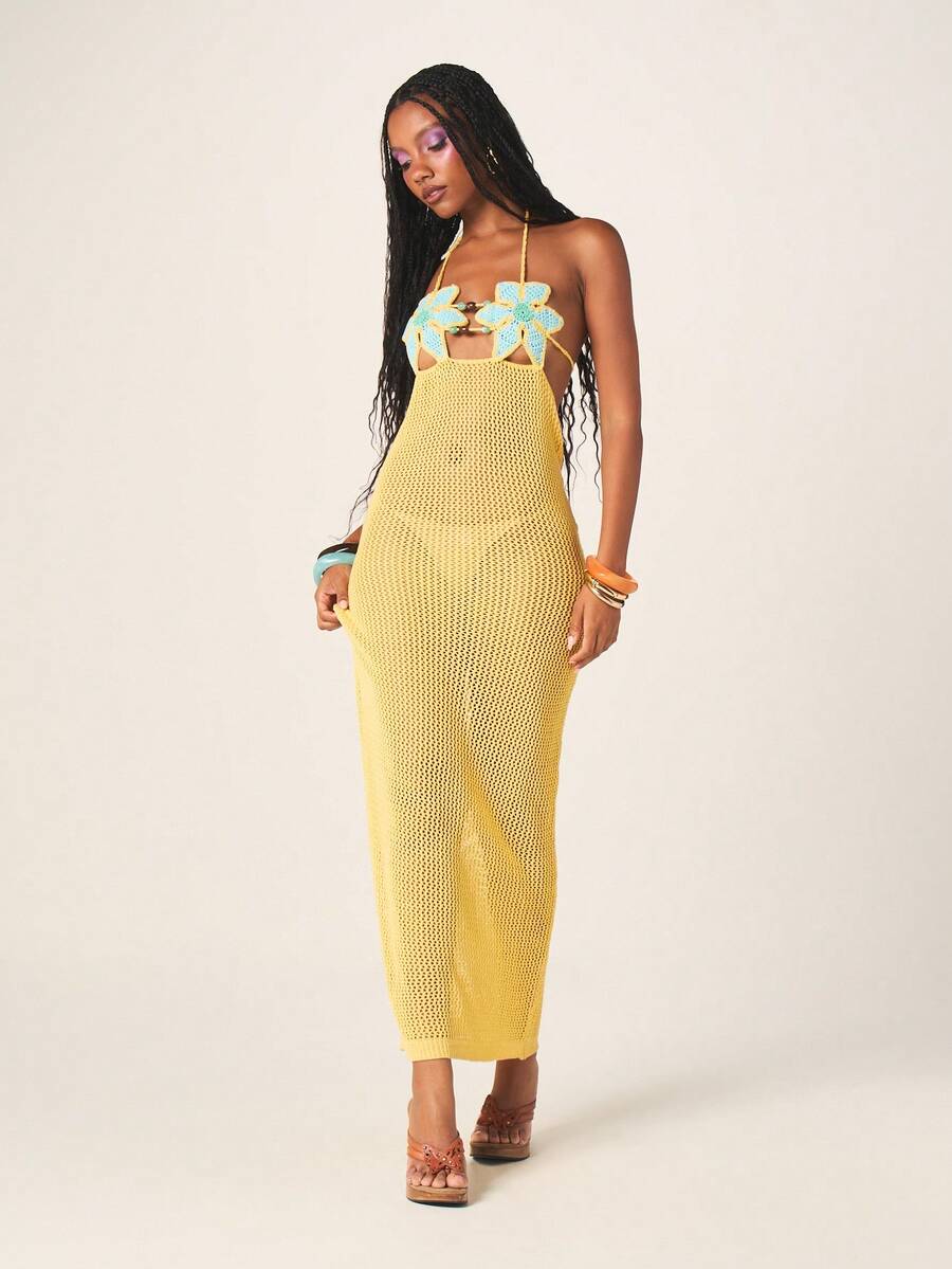 MISSGUIDED Crochet Maxi Beach Golf Cover Up Dress With Floral Bust Detail And Beaded Trims Mesh Knit Summer Poolside Vacation Resort White Sexy - Yellow - View 1