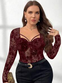 Firerie Plus Size Mesh Patchwork Embroidered Sweetheart Neck Elegant Long Sleeve T-Shirt Fall - Red - View 6