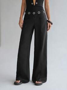 TRNVIE 女士夏季休闲裤，复古腰带镂空环饰压缝设计直筒裤，适合学院风、教师节、办公通勤、返校季等场合，黑色西装裤阔腿裤女士正装裤休闲裤女士正式裤 - 黑色 - 查看 5