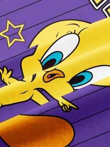 LOONEY TUNES X SHEIN 男士休闲时尚街头风卡通字母条纹印花撞色滚边宽松T恤，适合夏季日常通勤 - 白色 - 查看 7