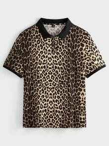 EASEVO 加大码男士时尚休闲豹纹短袖Polo衫，男士豹纹Polo衫，男士动物纹Polo衫，男士动物纹衬衫，亲肤透气，弹性贴身，舒适抗皱。 - 彩色 - 查看 2