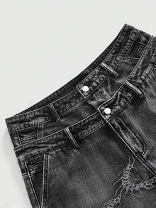 ROMWE MEN Street Life 男士夏季休闲双腰带刺绣牛仔短裤 - 灰色 - 查看 3