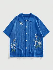 ROMWE MEN 男士印花 Polo 领针织休闲上衣，复古时尚 - 藍色 - 查看 1