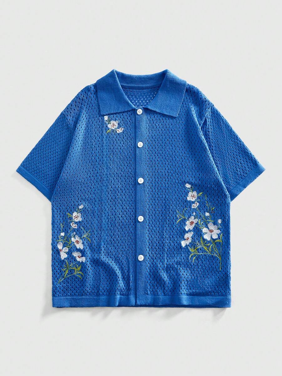 ROMWE MEN 男士印花 Polo 领针织休闲上衣，复古时尚 - 藍色 - 查看 1