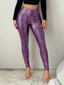 SHEIN SXY 女士时尚鳄鱼纹印花高腰紧身裤，适合夜店派对穿着 - 淡紫色 - 查看 1