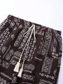 Franclia Quần ống rộng dáng suông dành cho nữ cỡ lớn, họa tiết hoa paisley, màu nâu cà phê, đa năng cho mùa xuân/hè. - Cà phê nâu - Xem 4