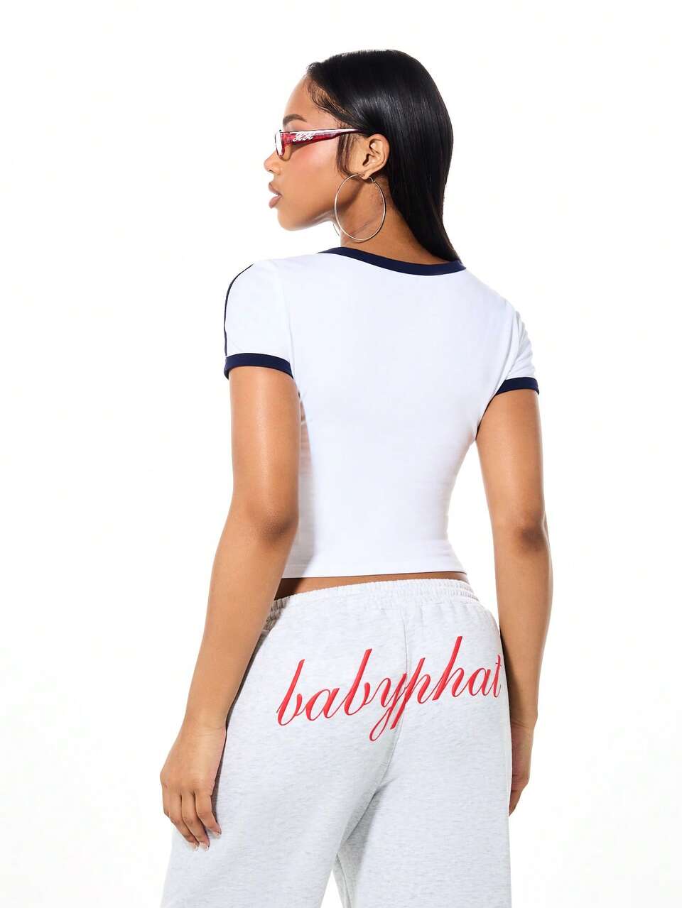 BABYPHAT Logo-Muster Kurzarm Ringerrippshirt mit Navy-Kontrastbesatz und Katzen-Grafikdesign
