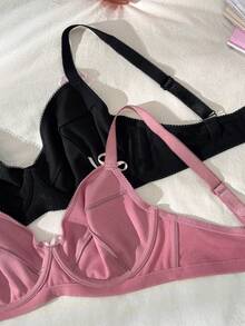 SHEIN 2pcs Plus Size Women Solid Color Cute Wireless Bra Set - Multicolor - View 5