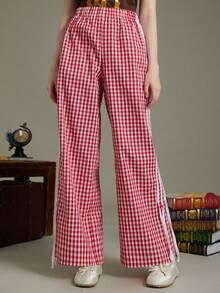 Elnivra Pantalones anchos de pierna ancha con cintura elástica lateral, estampado a cuadros y rayas de contraste, para uso casual, vacaciones y viajes - Rojo y blanco - Ver 1