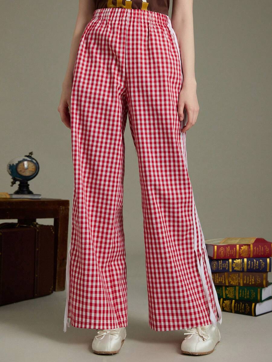 Elnivra Pantalones anchos de pierna ancha con cintura elástica lateral, estampado a cuadros y rayas de contraste, para uso casual, vacaciones y viajes - Rojo y blanco - Ver 1