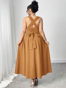 Modelyn Đầm maxi cỡ lớn dệt kim, chất liệu có họa tiết, thắt eo chéo, dáng xòe, thích hợp cho kỳ nghỉ xuân/hè. - màu nâu - Xem 2