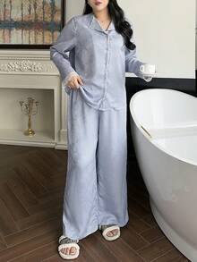 Dazy Plus Plus Size Solid Color Button Front Long Sleeve Top And Pants Pajama Set - Blue - View 6