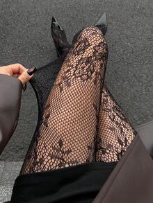 DAZY 透视蕾丝拼接紧身打底裤，适合音乐节、情人节、婚礼、春夏Y2K风格。 - 黑色 - 查看 1