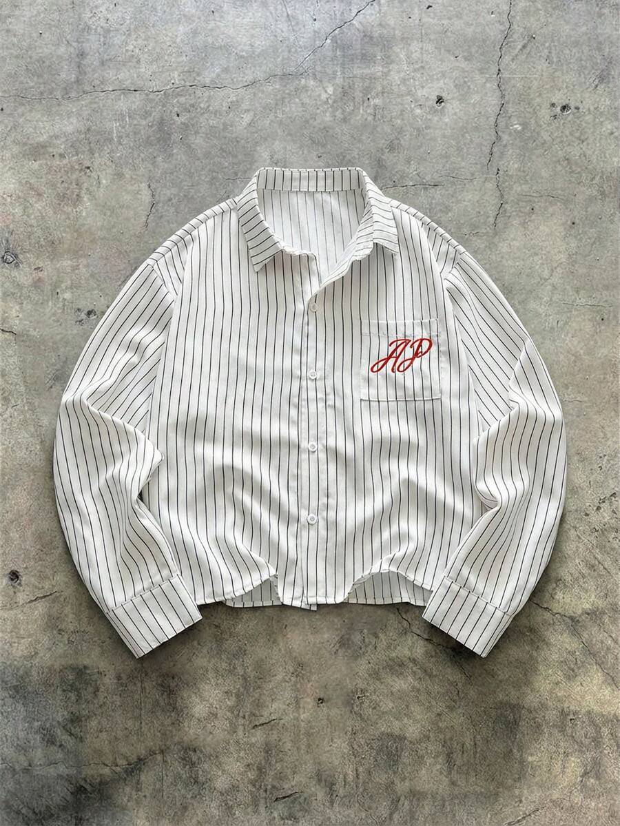 AXEPEAK Chemise décontractée à manches longues, à rayures, à boutonnage simple et à poche, avec broderie de lettres pour hommes - Blanc - Voir 1