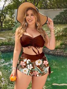 Swim Lushoire Plus Size Tropical Leaf Print Colorblock Swimwear Set - Brown - View 3