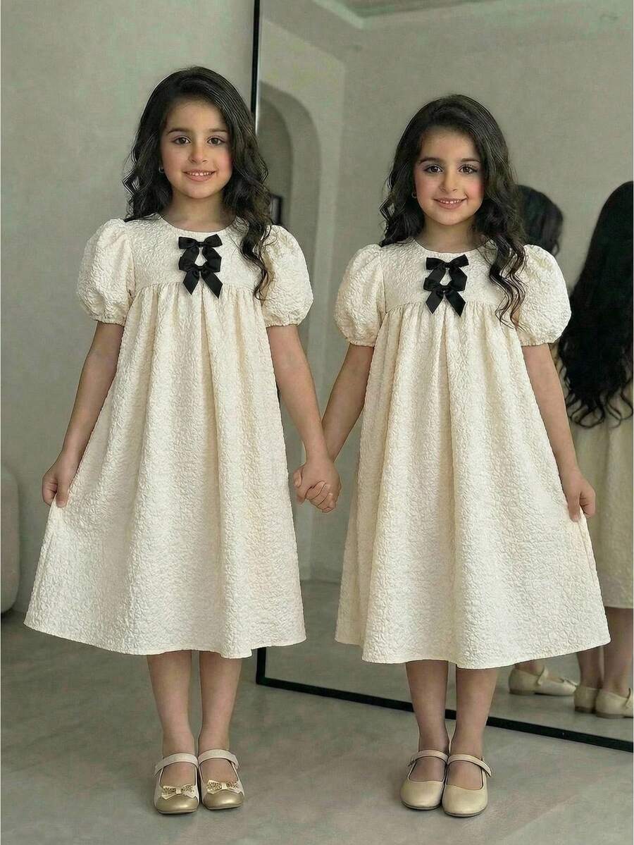 SHEIN Đầm babydoll dáng chữ A màu sâm panh jacquard tay phồng dễ thương cho bé gái tuổi teen, thích hợp mặc đi làm, màu xuân/hè.