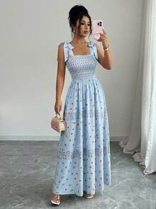 Rafferiza Đầm nghỉ mát in hoa thanh lịch dành cho nữ, thích hợp cho mùa hè. - Màu xanh nhạt - Xem 6