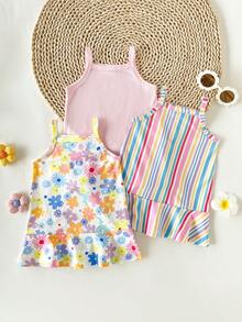 SHEIN Playful Pals 3件套女婴柔软舒适简约透气吊带连衣裙套装，夏季 - 彩色 - 查看 4