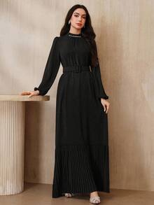 Graceveil Women's Elegant Crystal Decor Lantern Sleeve Dress,Autumn Black And Silver Rhinestone Mock Neck Cinched Waist Black Dress For Dining Blouses Tops - Black - View 5