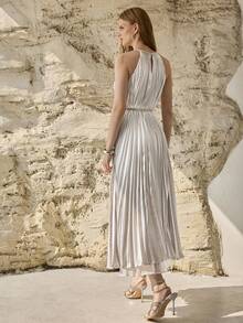 MOTF PREMIUM VESTIDO PLISADO DE MUJER CON CUELLO DE HALTER, PATCHWORK DE GASA, PRIMAVERA/VERANO - Plateado - Ver 5
