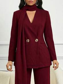 SHEIN Lady Women's Elegant Burgundy Office Summer Scarf Suit,Solid Color Double-Breasted Blazer Set And Classy Pant Suits 2 Pieces Sets For Women - Burgundy - View 4
