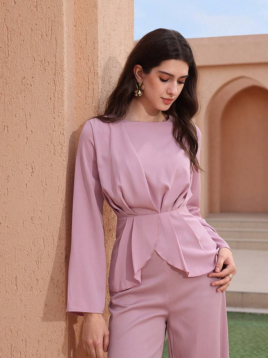 Graceveil Women's Elegant Long Sleeve Cinched Waist Pink Blouse - Pink - View 1