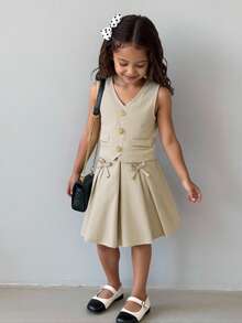 Elladie kids Young Girls Vintage Solid Color Minimalist Bow Vest Jacket And Pleated Skirt 2-Piece Set, Elegant Design For Commute And Casual Wear - Apricot - View 8