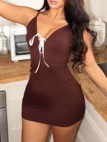 Lowkey Lull Women's Sexy Deep V-Neck Spaghetti Strap Bow Tie Mini Nightgown - Brown - View 3