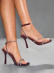 CUCCOO SZL Women's Square Toe Rhinestone Ankle Strap Sandals For Christmas Spring Shoes - Burgundy - View 6