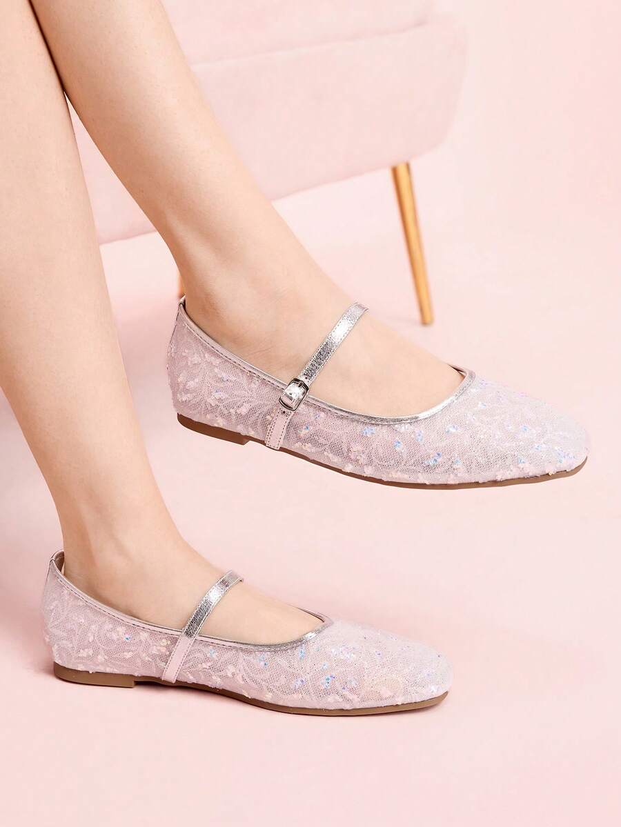 CUCCOO DOLLMOD Women's Shoes Silver Mesh Embroidery Decorative Flat Bottom Mary Jane Spring Shoes - silver white - View 1
