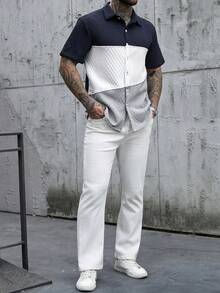 Manfinity Homme Men's Contrast Color Patchwork Summer Casual Button-Front Short Sleeve Shirt Color Block Shirt Men Colorblock Shirt - Multicolor - View 3
