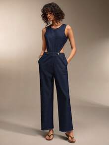 SHEIN Cottnline HÖG MIDJA Jumpsuit med utskurna detaljer MÖRKBLÅ FÄRG ELEGANT STIL - Mörktvätt - Visa 4