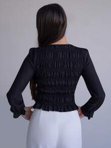 Andrea Bello Blusa a maniche lunghe con collo rotondo plissettato, tinta unita, da donna - nero - Visualizzare 2