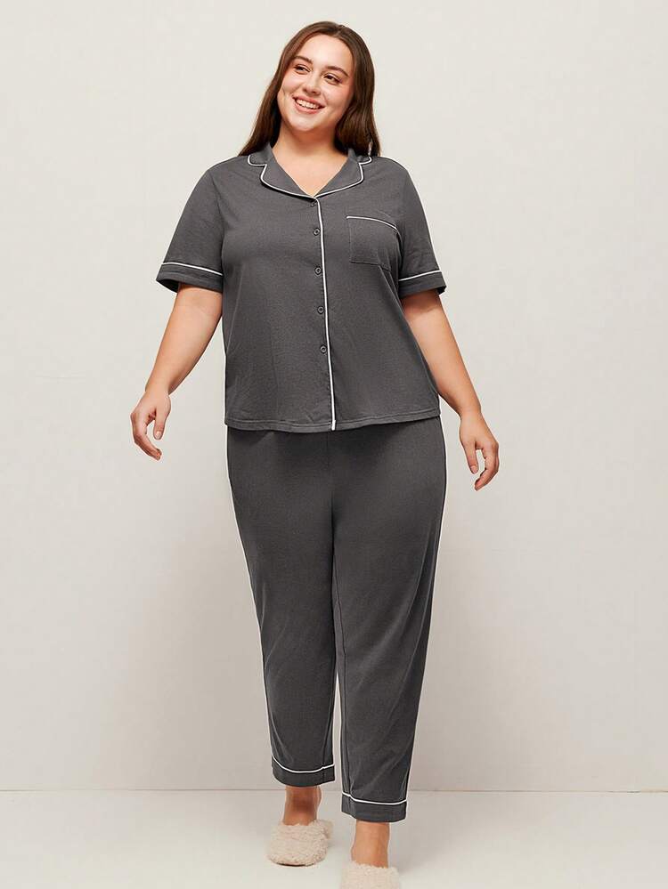Plus-Size Cotton Contrast Trim Button-Up Top & Pants Loungewear Pajama Set