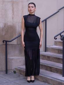 Andrea Bello Black Wrap Shawl Elegant Sheer Ruched Dress, Suitable For Romantic Dates, Parties, Formal Gatherings, Bridesmaid Dresses, Women's Summer Dress, Tea Party Dress, New Year, Valentine's Day, Birthday Mini Dress, Black Dress Black Dress Elegant - Black - View 6