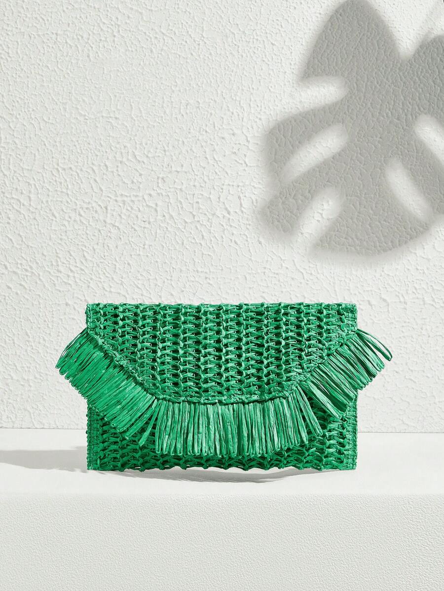 SHECARRY Woven Straw Clutch Bag For Teenagers, Fashionable Clutch Bags For Woman - Dark Green - View 1
