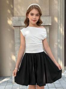 SHEIN Tween Girls'black And White Short Sleeve T-Shirt Set,Summer Tea Party Colorblock Energetic Design Comfortable Fabric Matching Skirt,Campus Casual - Black and White - View 3