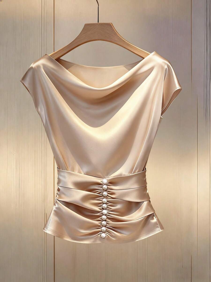 Franclia Áo thun nữ công sở thanh lịch, tối giản, cổ xếp ly, chất liệu crepe, đính ngọc trai, kiểu dáng thường ngày, chất liệu satin, áo lụa thanh lịch, áo kiểu nữ sang trọng, áo sơ mi nữ trang trọng, áo kiểu nữ thanh lịch với cúc ngọc trai, áo dự tiệc, áo kiểu nữ, áo tay ngắn nữ, váy nữ, áo cổ đổ. - Màu be - Xem 1