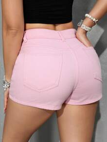 SHEIN PETITE Falda pantalón vaquera casual de uso diario con bolsillos y botones para mujer - Rosa Pálido - Ver 2